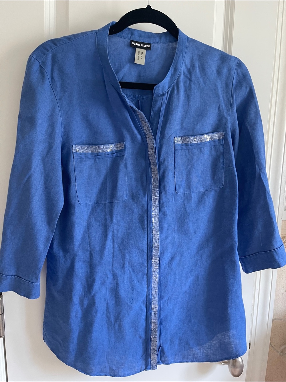 Gerry Weber Royal Blue Linen-Blend Collarless Button Shirt